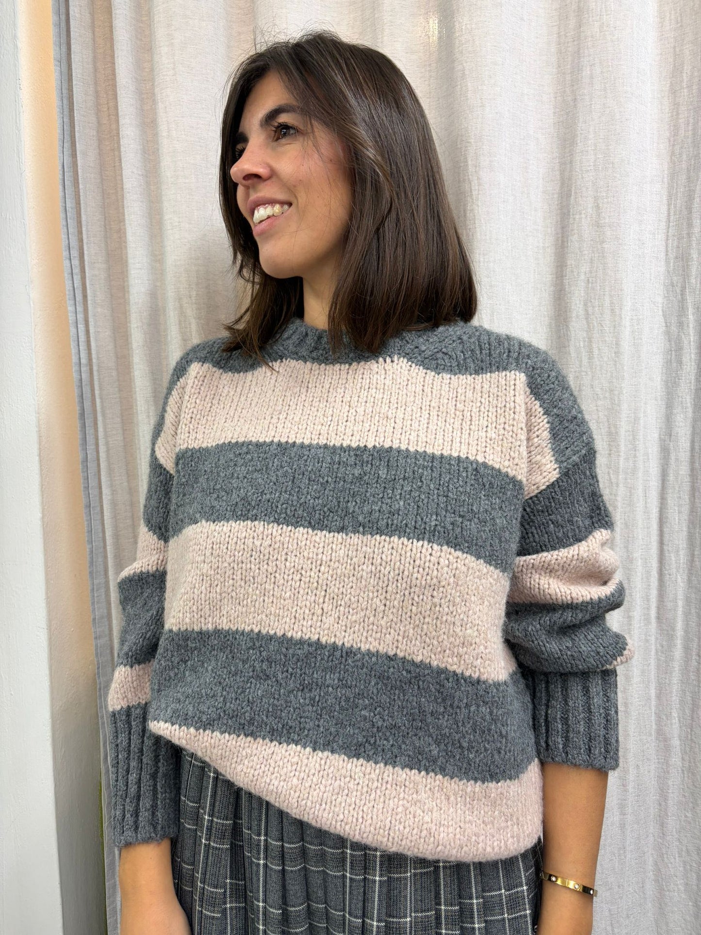 MAGLIONE RIGATO ROSA E GRIGIO