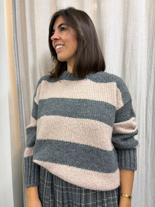MAGLIONE RIGATO ROSA E GRIGIO