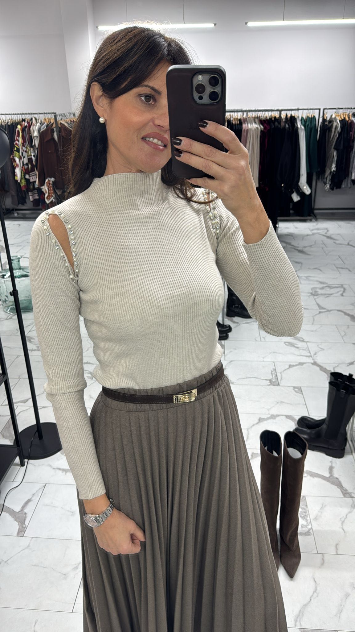 MAGLIA CUT OUT STRASS PERLE BEIGE