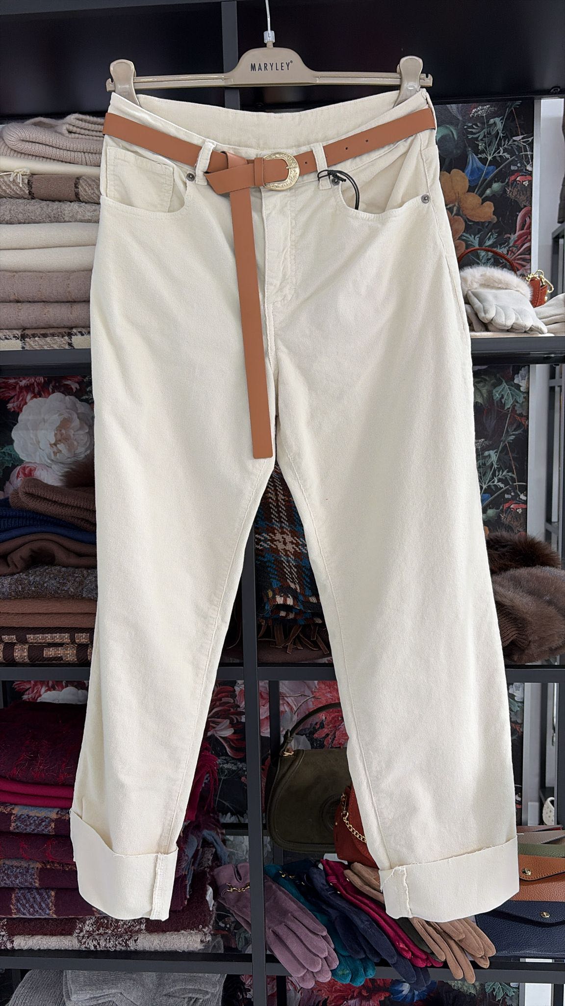 PANTALONE VELLUTO RISVOLTO PANNA