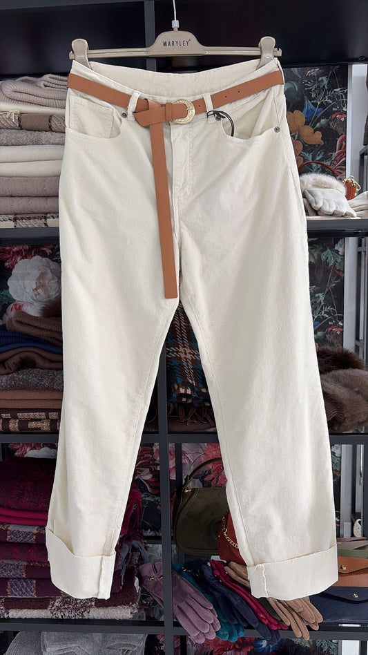 PANTALONE VELLUTO RISVOLTO PANNA