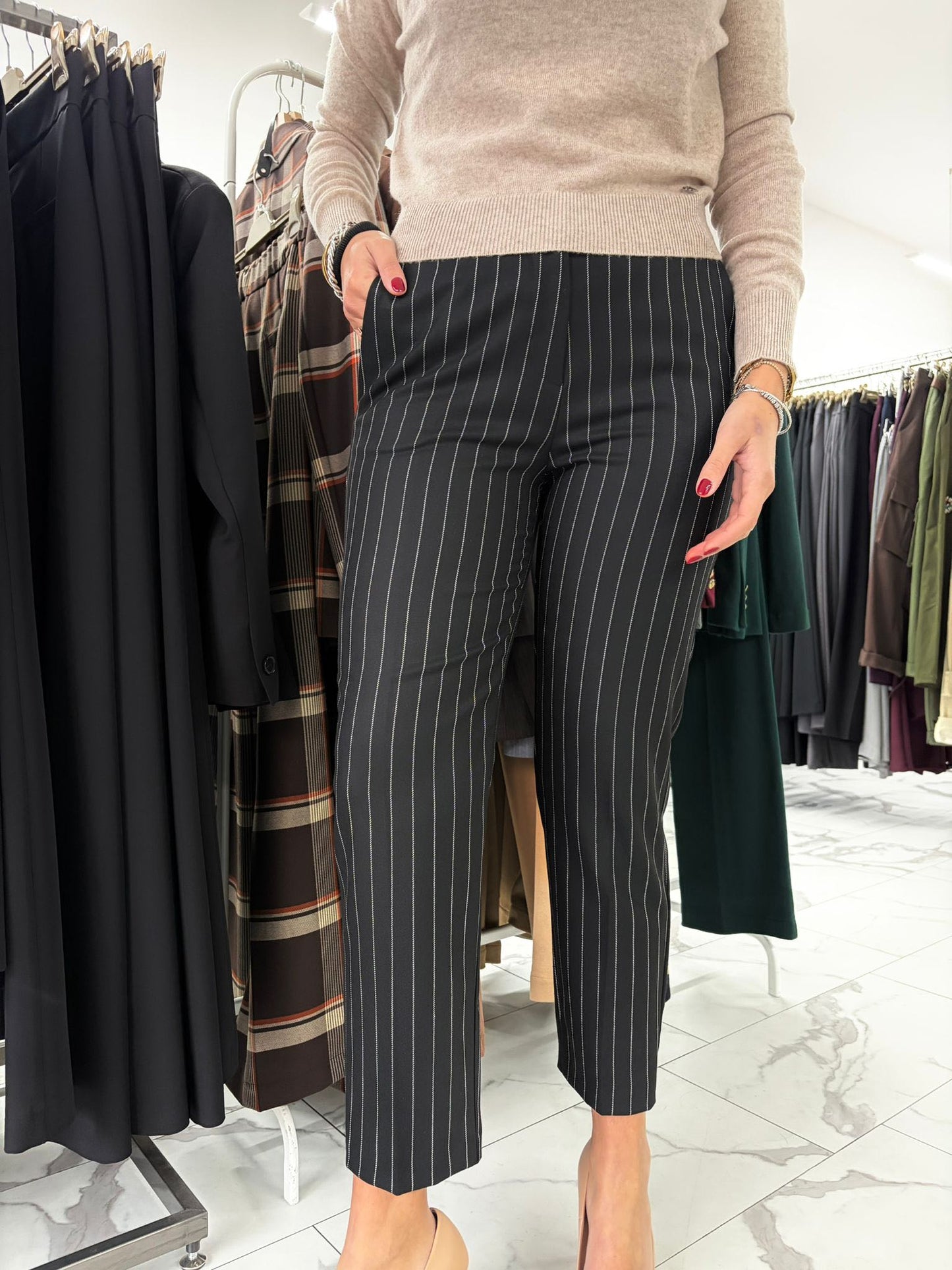 PANTALONE SIGARETTA GESSATO NERO