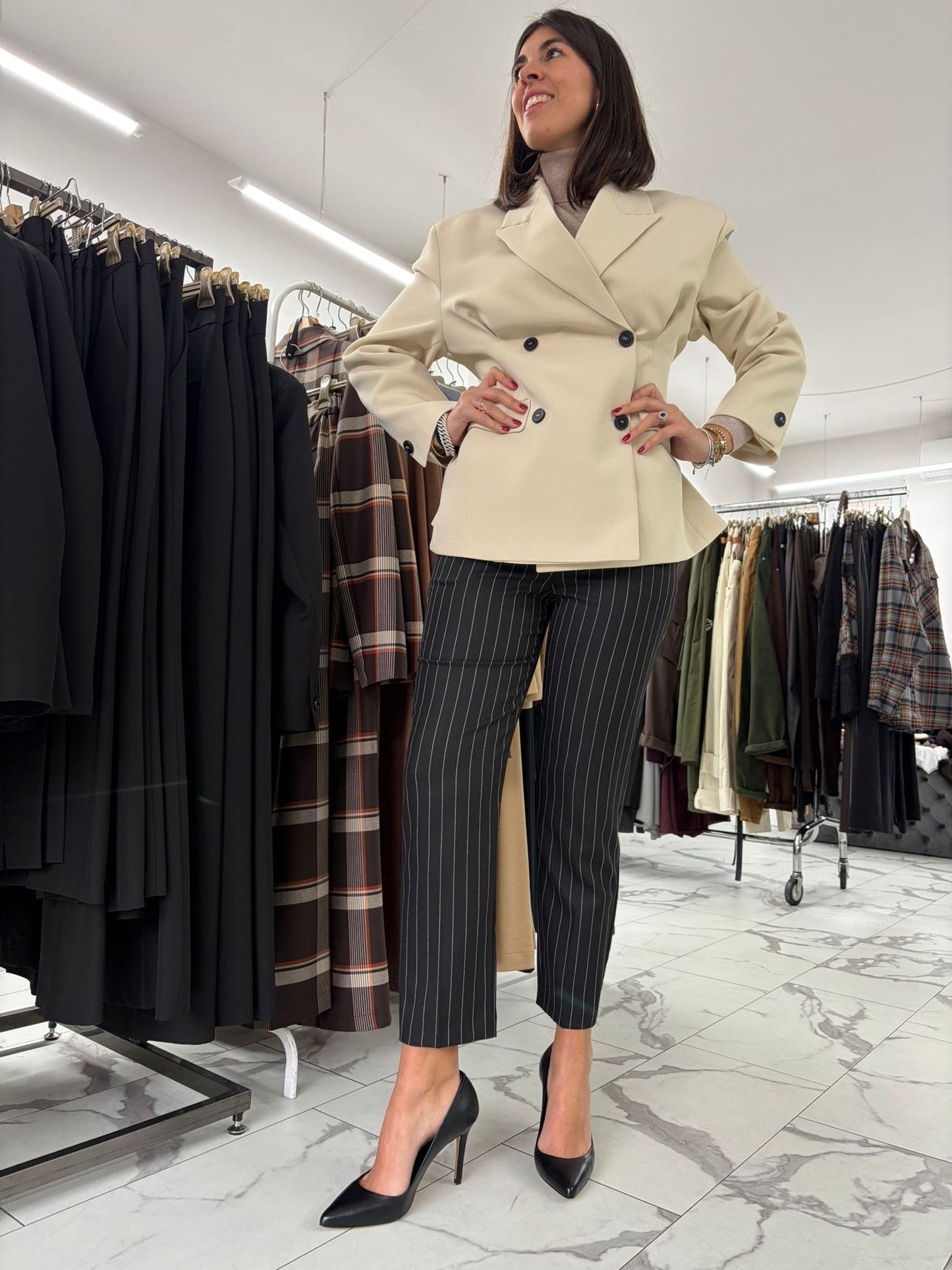 PANTALONE SIGARETTA GESSATO NERO