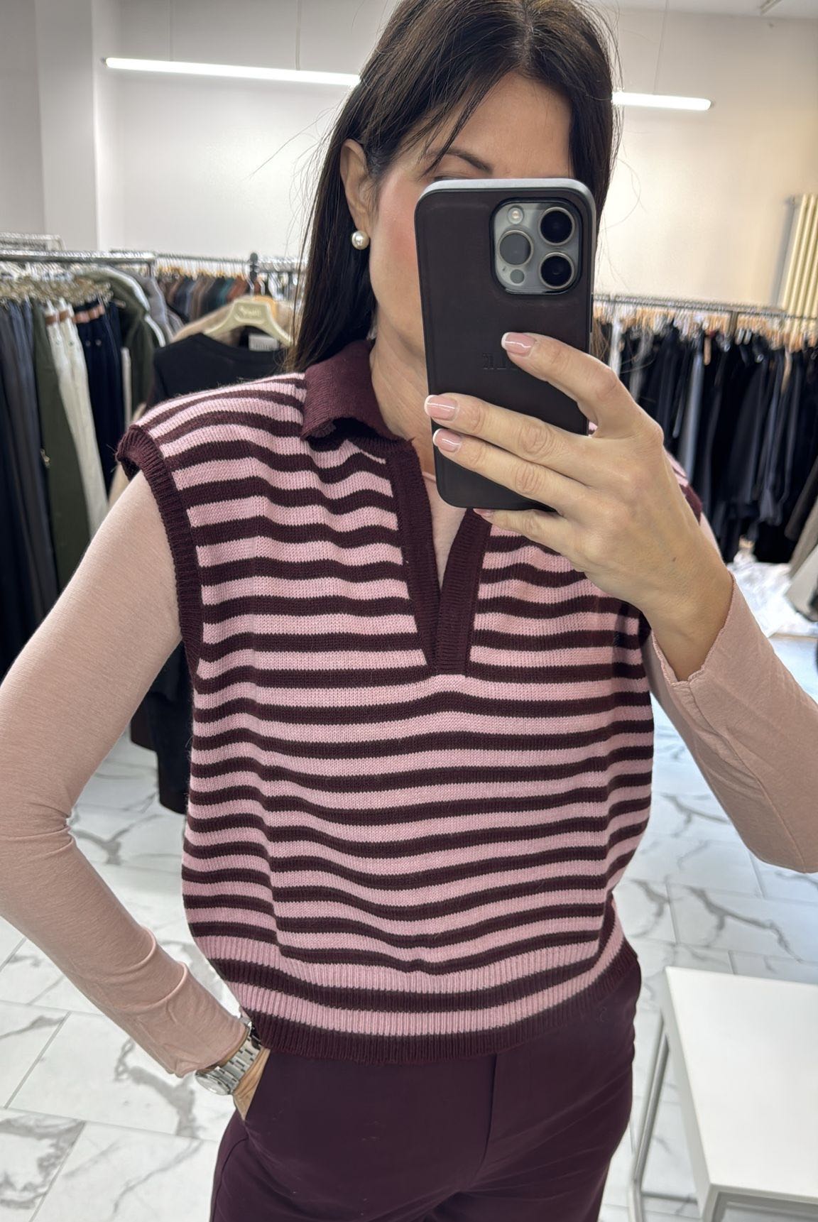 GILET RIGATO POLO ROSA BORDEAUX