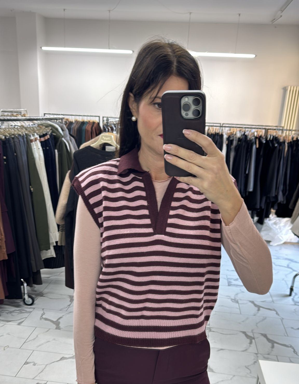 GILET RIGATO POLO ROSA BORDEAUX