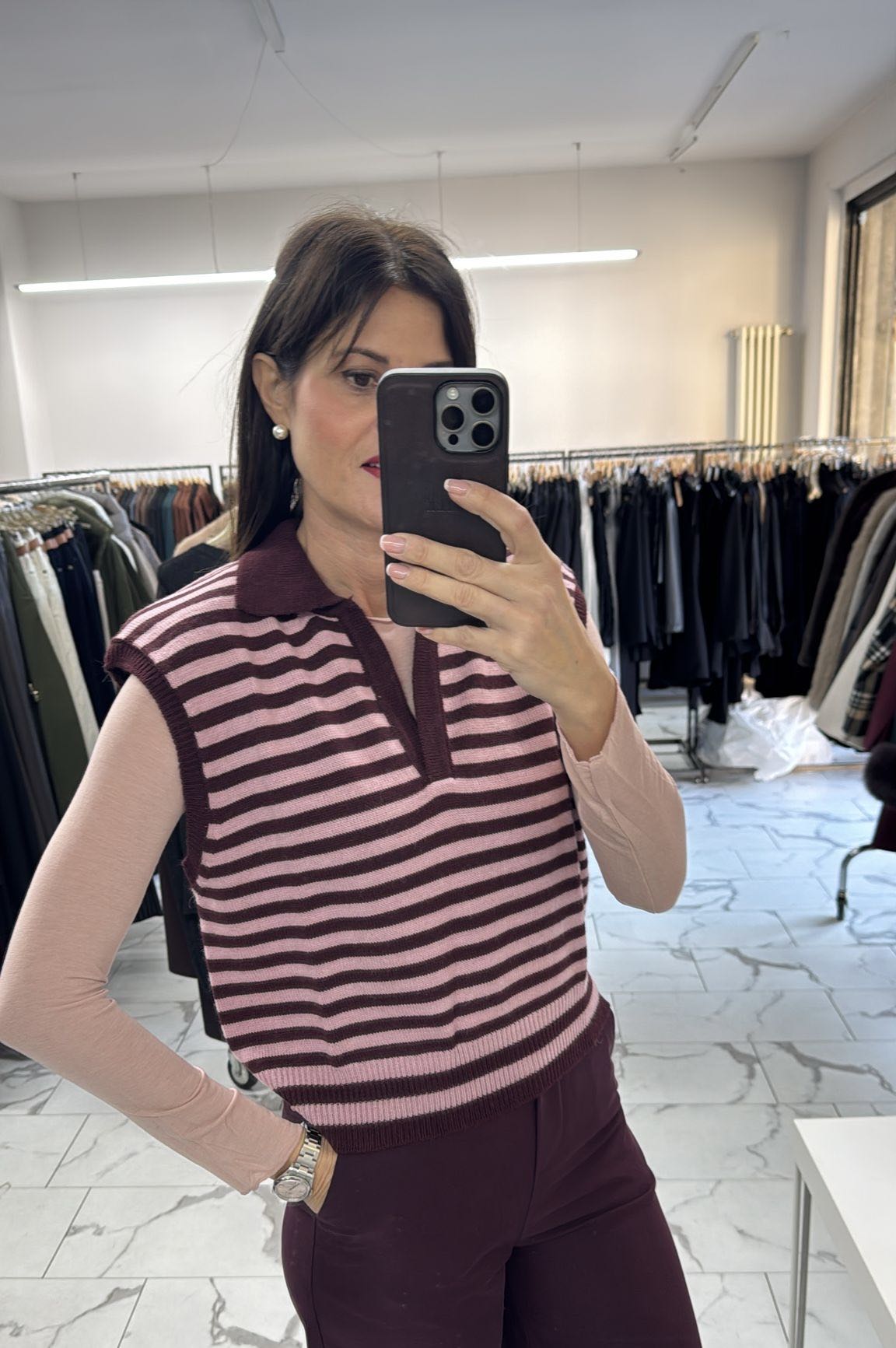 GILET RIGATO POLO ROSA BORDEAUX