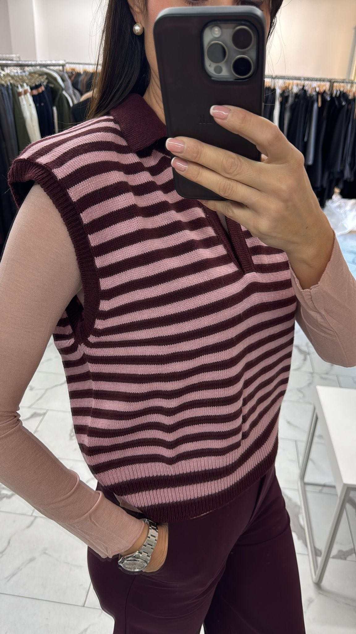 GILET RIGATO POLO ROSA BORDEAUX