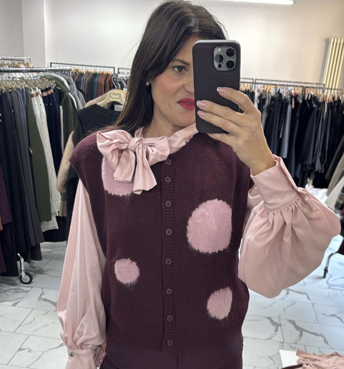 GILET BOTTONI POIS BORDEAUX ROSA