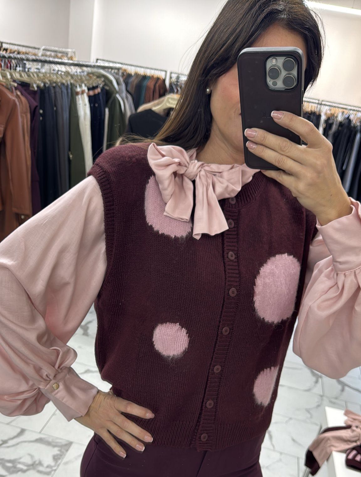 GILET BOTTONI POIS BORDEAUX ROSA