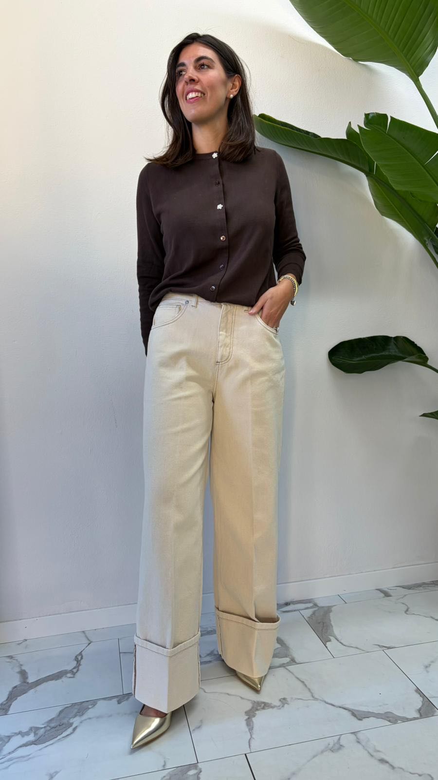 JEANS ECRÙ MAXI RISVOLTO