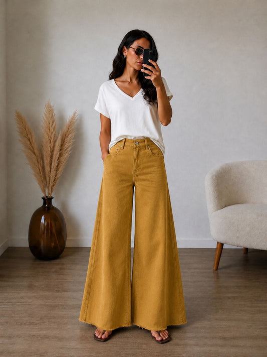 PANTALONE COTONE PALAZZO SENAPE