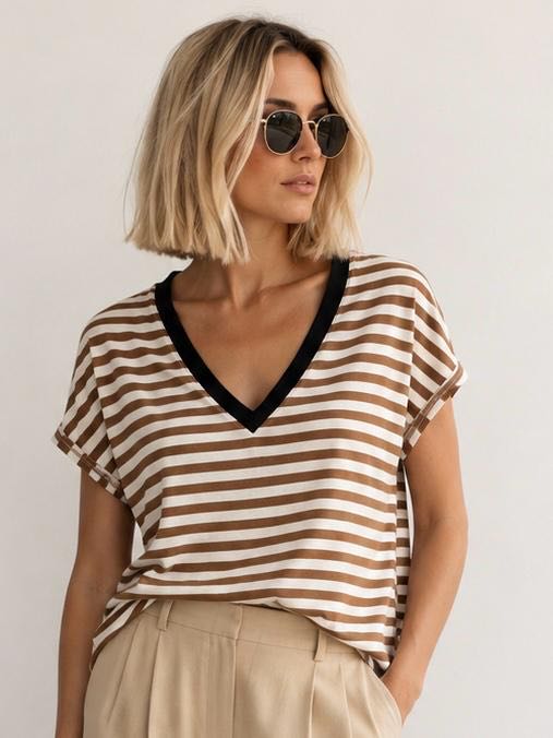 T-SHIRT RIGATA V TABACCO NERO