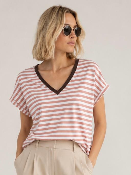 T-SHIRT RIGATA V ROSA ANTICO MORO