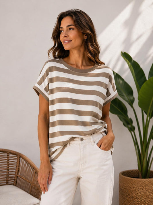 MAGLIA SCATOLETTA RIGATA CAMMELLO