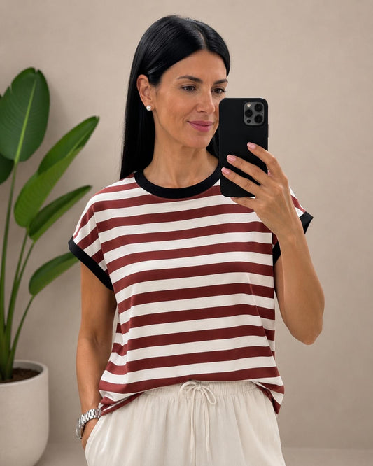 T-SHIRT RIGATA BIANCA RUGGINE NERO