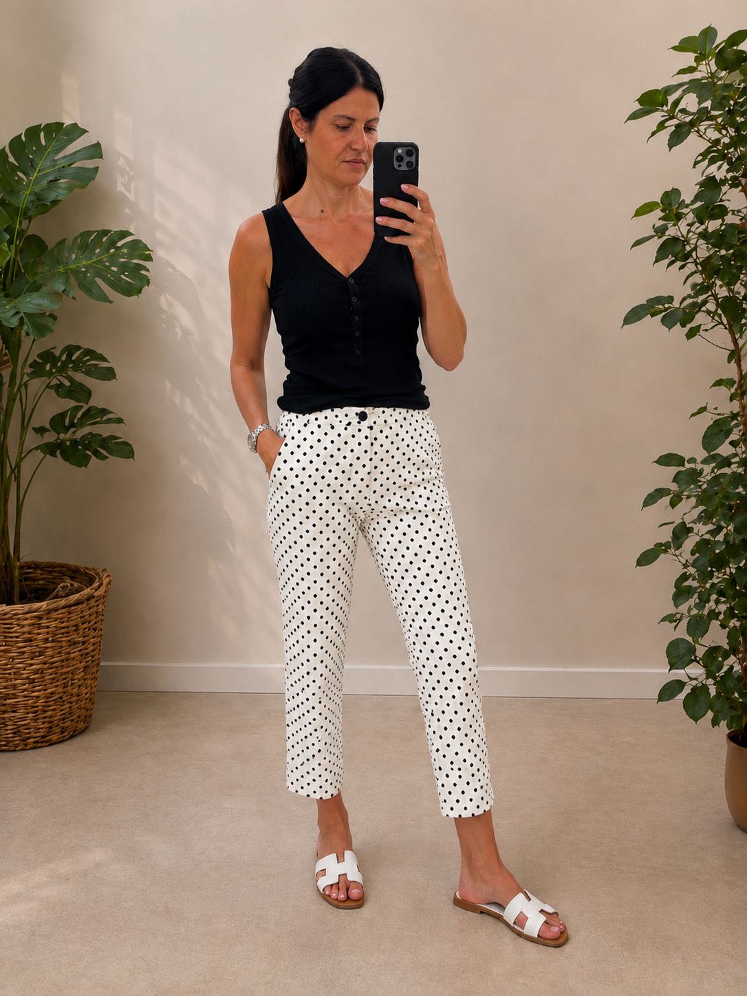 PANTALONE CAPRI POIS BIANCO