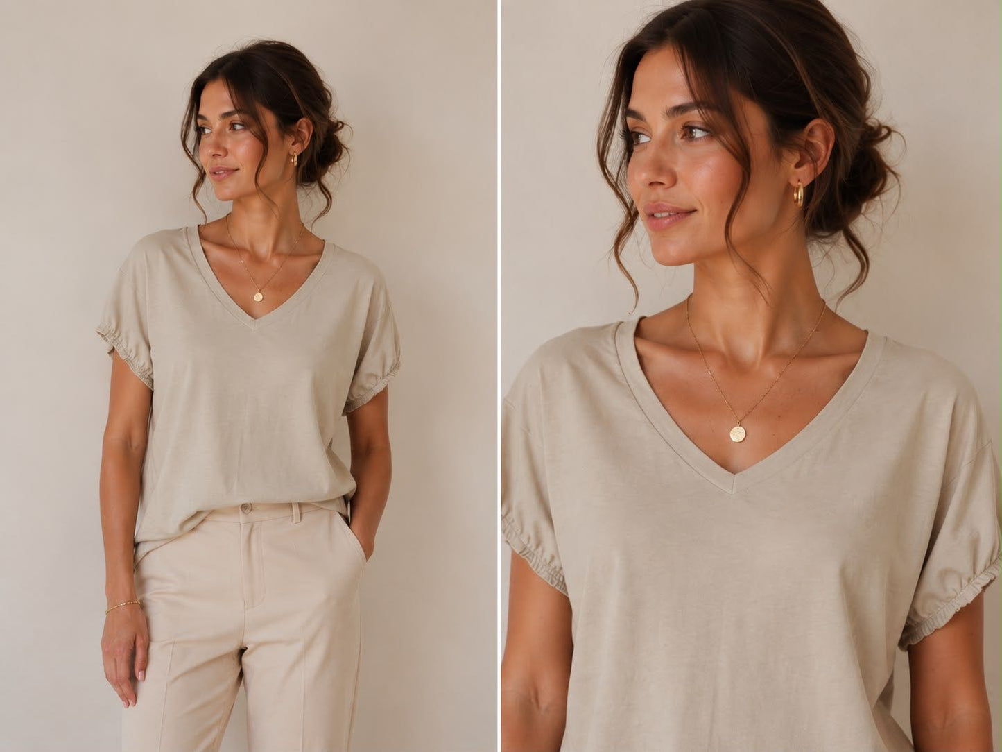 T-SHIRT SCOLLO V SBUFFO BEIGE