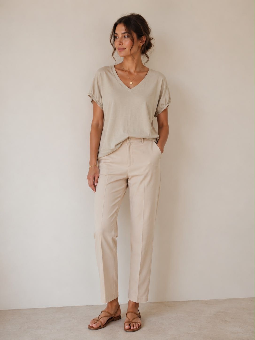T-SHIRT SCOLLO V SBUFFO BEIGE