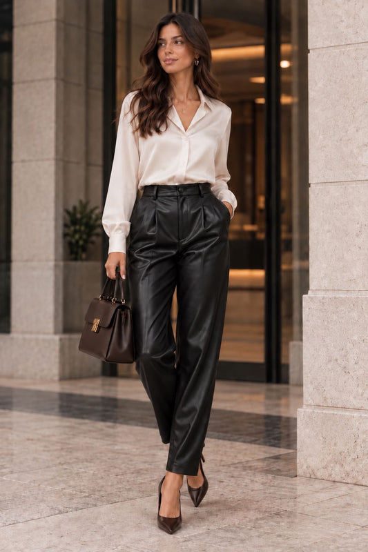 PANTALONE BARREL ECOPELLE NERO