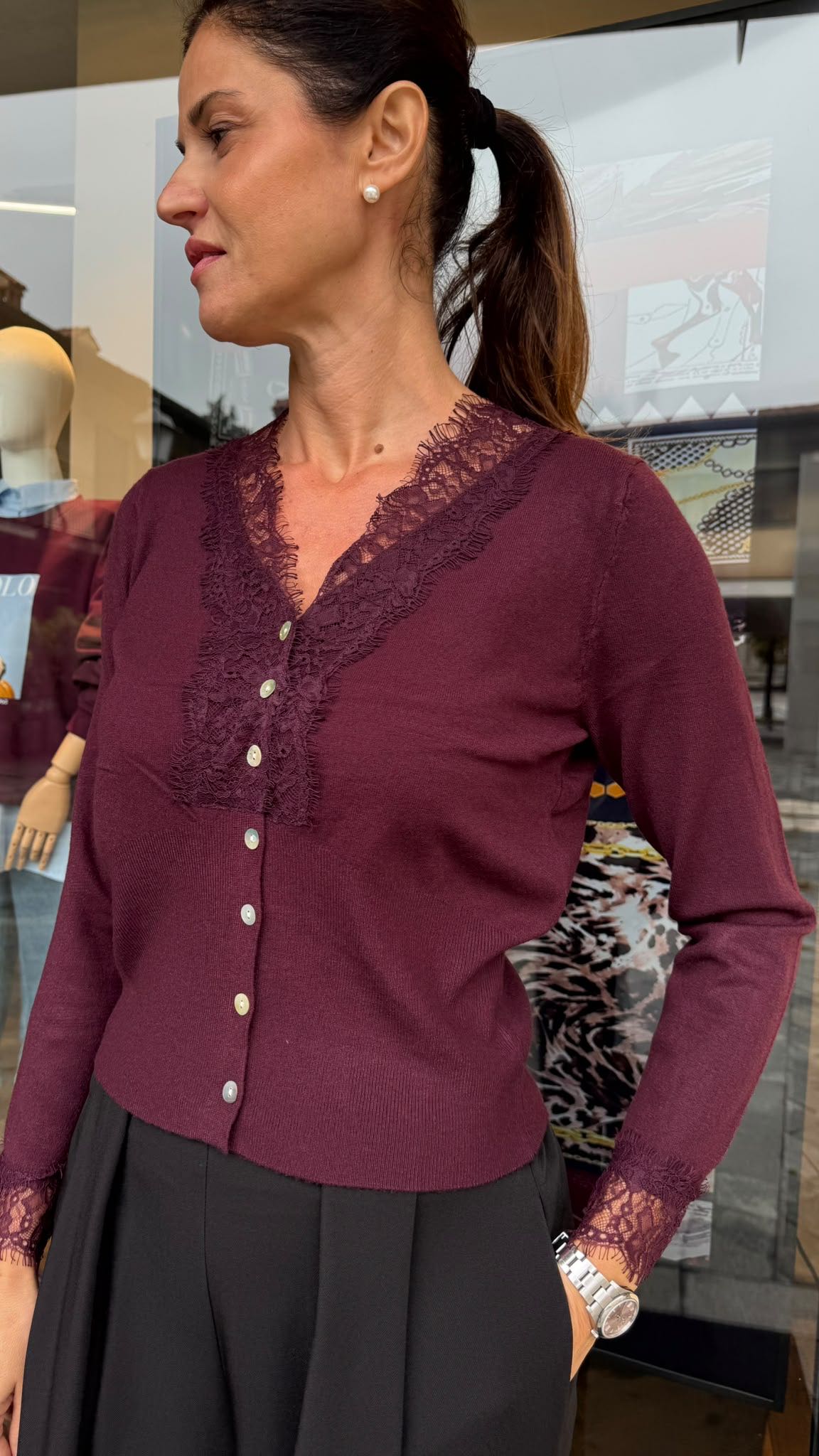 CARDIGAN GIUDY CON PIZZO PRUGNA