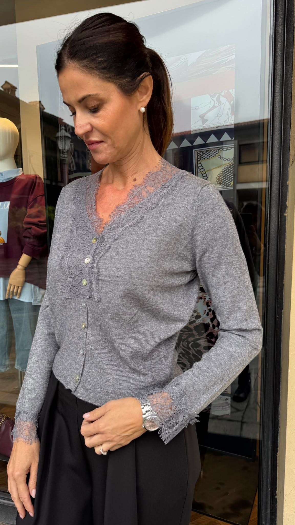 CARDIGAN GIUDY CON PIZZO GRIGIO