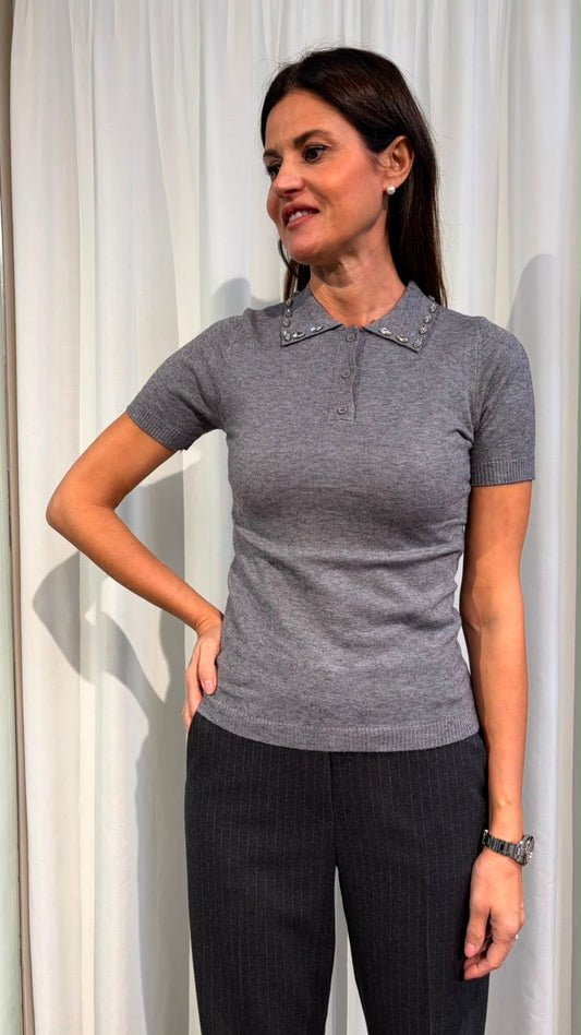POLO IN MAGLIA CON STRASS GRIGIA