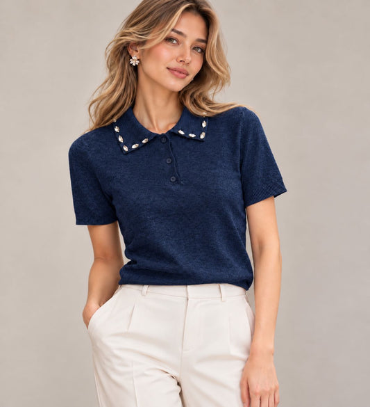 POLO IN MAGLIA CON STRASS BLU