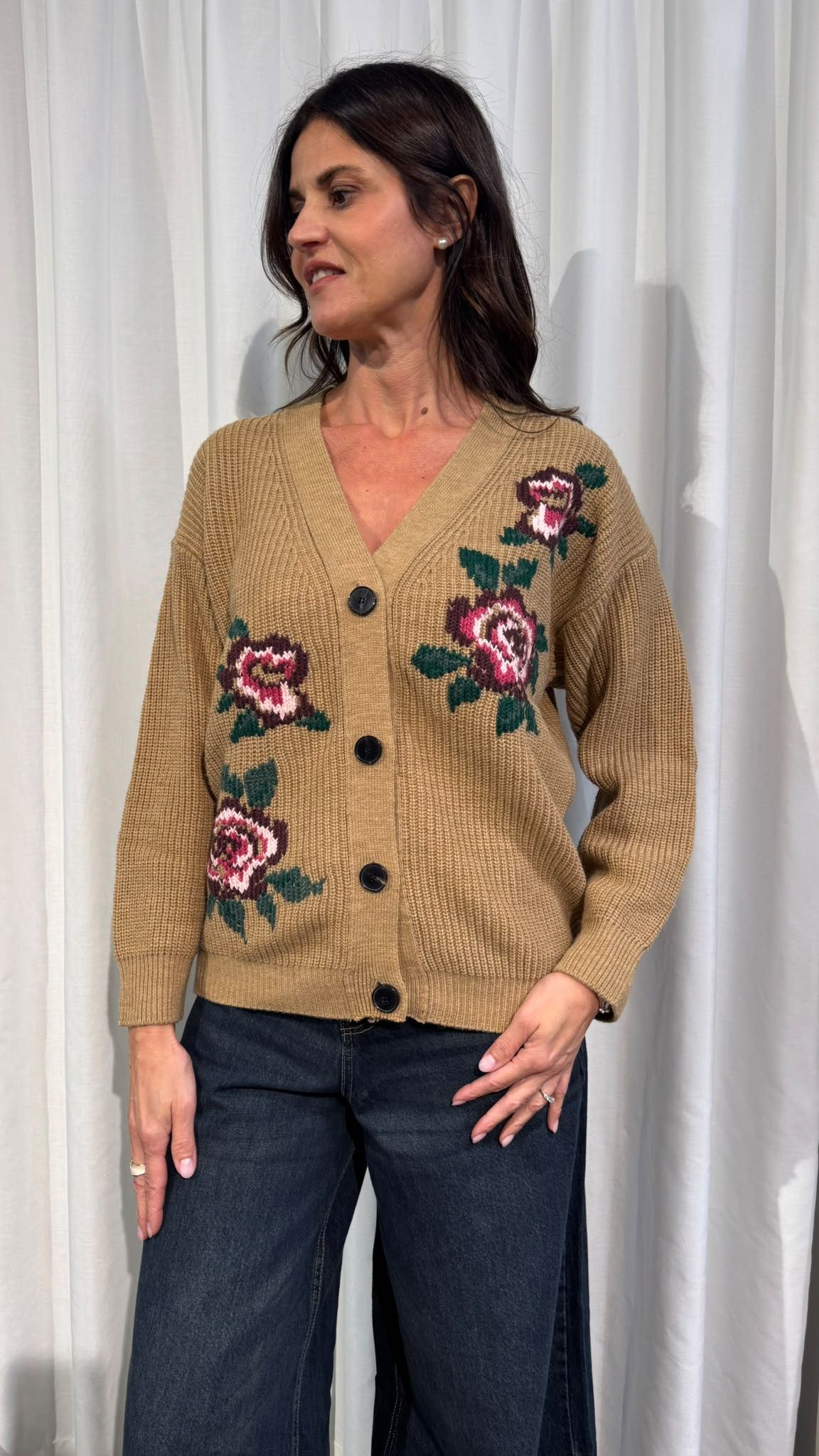 CARDIGAN RICAMO FIORE CAMMELLO