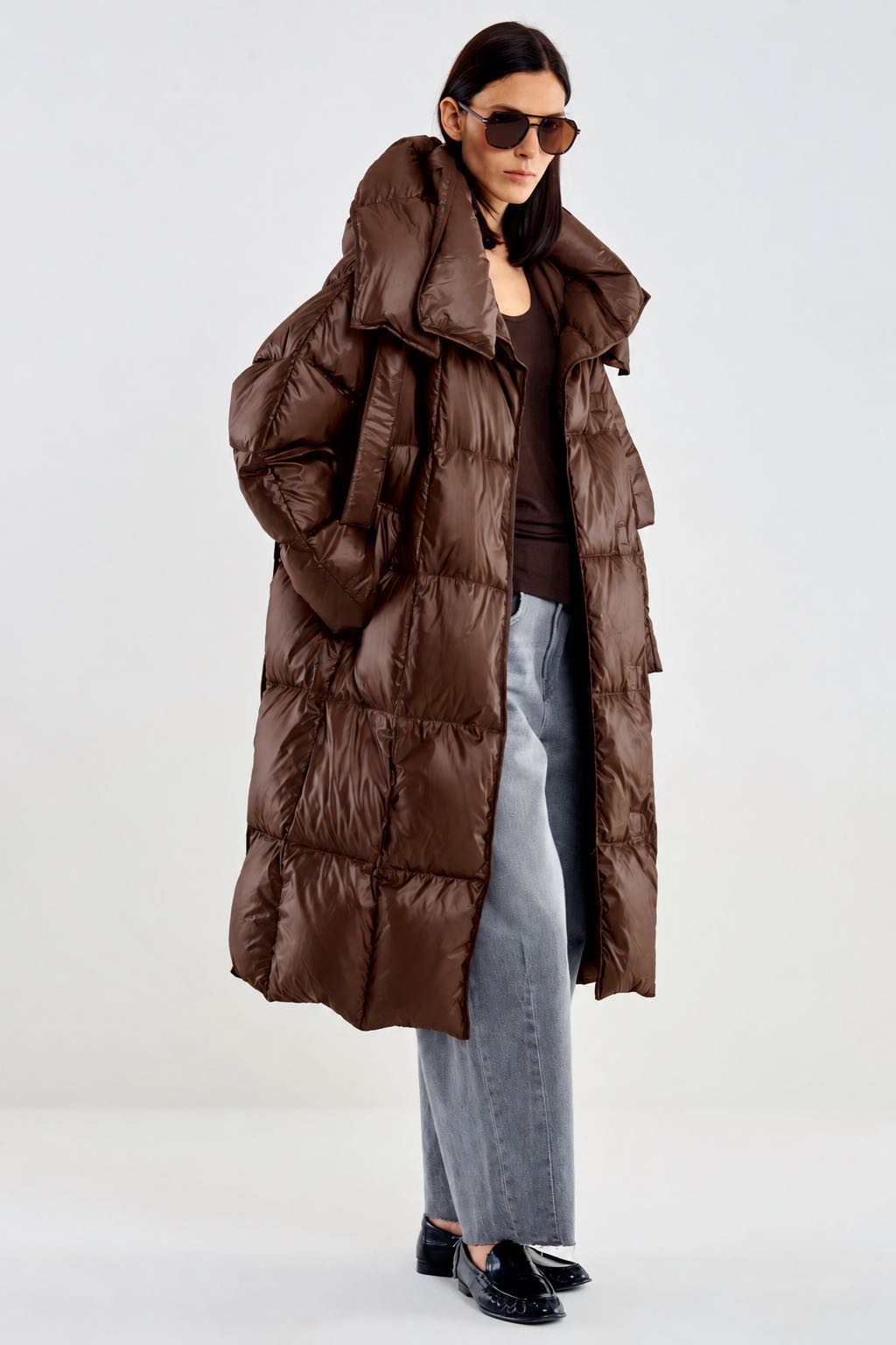 PIUMINO LUNGO MAXI COLLO CAPPUCCIO TABACCO
