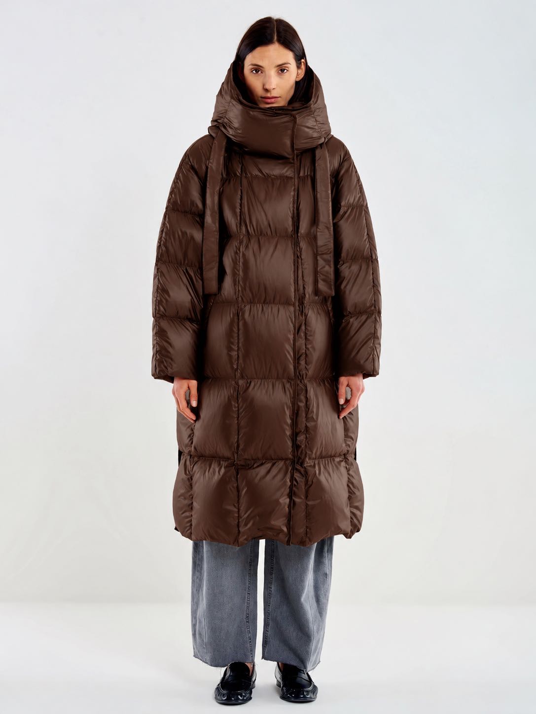 PIUMINO LUNGO MAXI COLLO CAPPUCCIO TABACCO