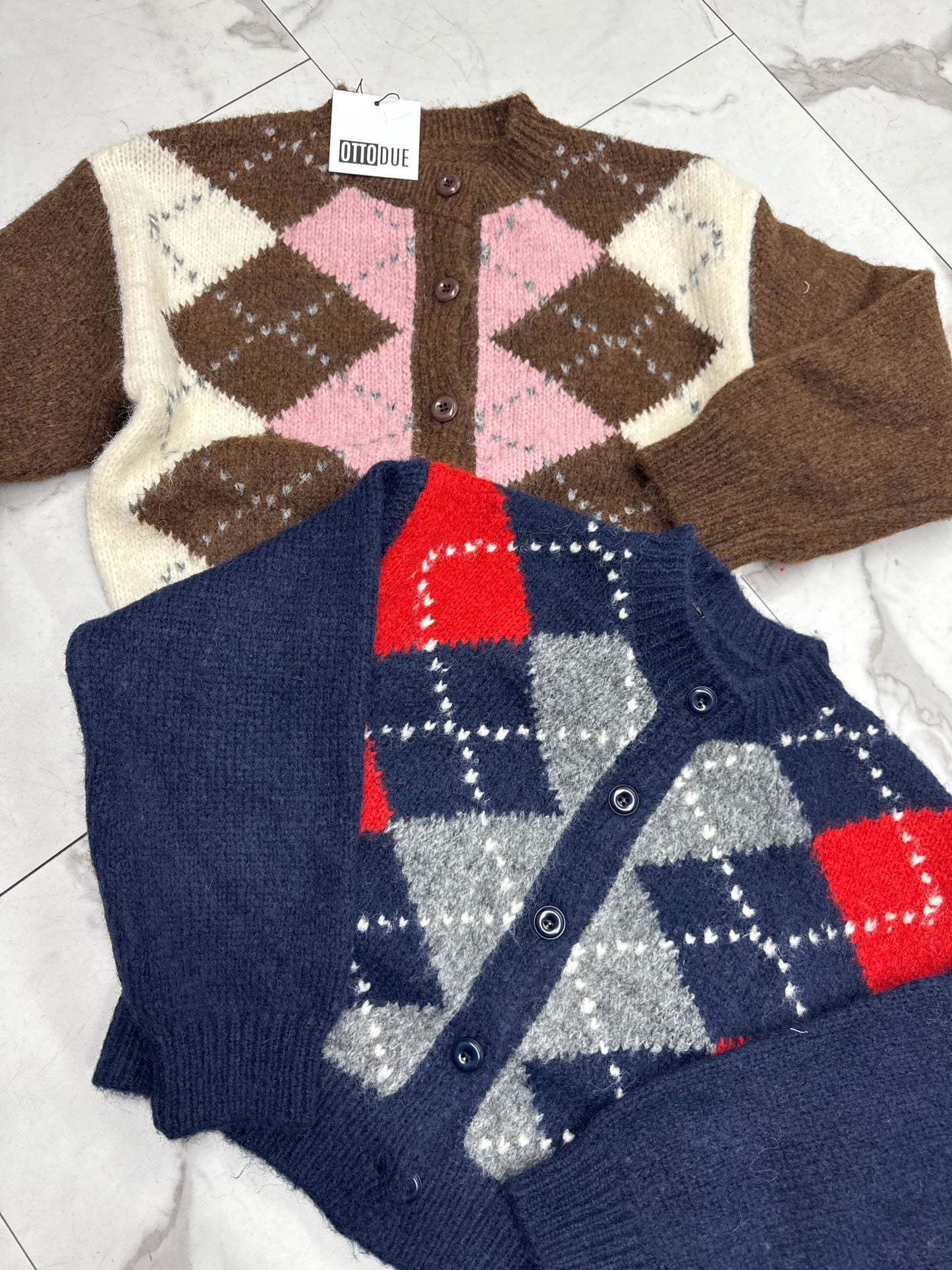 CARDIGAN CORTO LOSANGHE blu/marrone