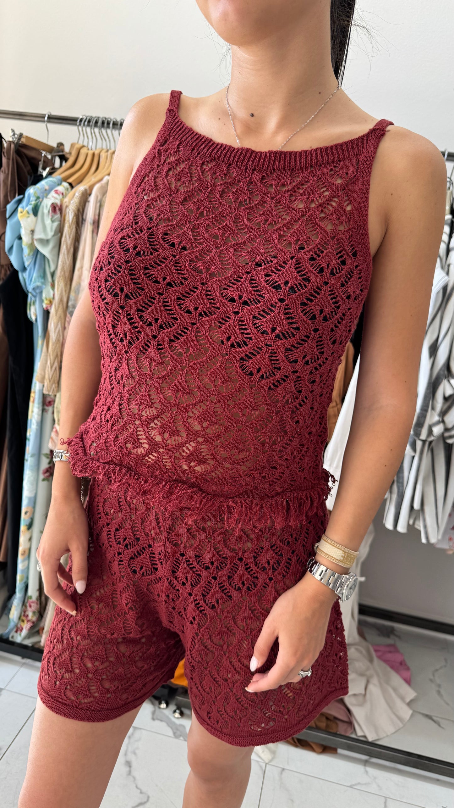 DIXIE COMPLETO IN MAGLIA BERMUDA TRAFORATO ROSSO INDIA