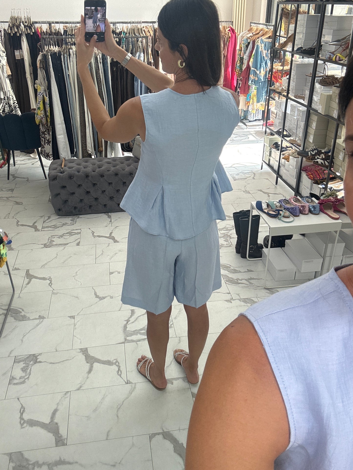 MARYLEY COMPLETO AZZURRO LINO BERMUDA GILET BALZA