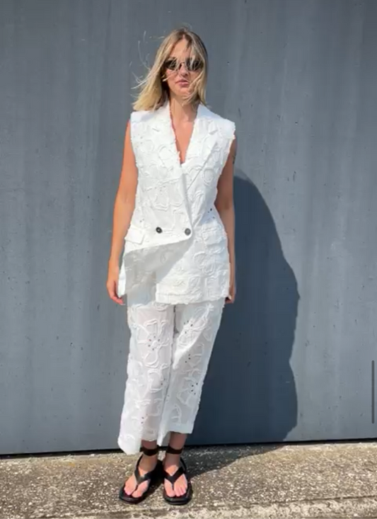 MARYLEY PANTALONE BIANCO COTONE LAVORATO