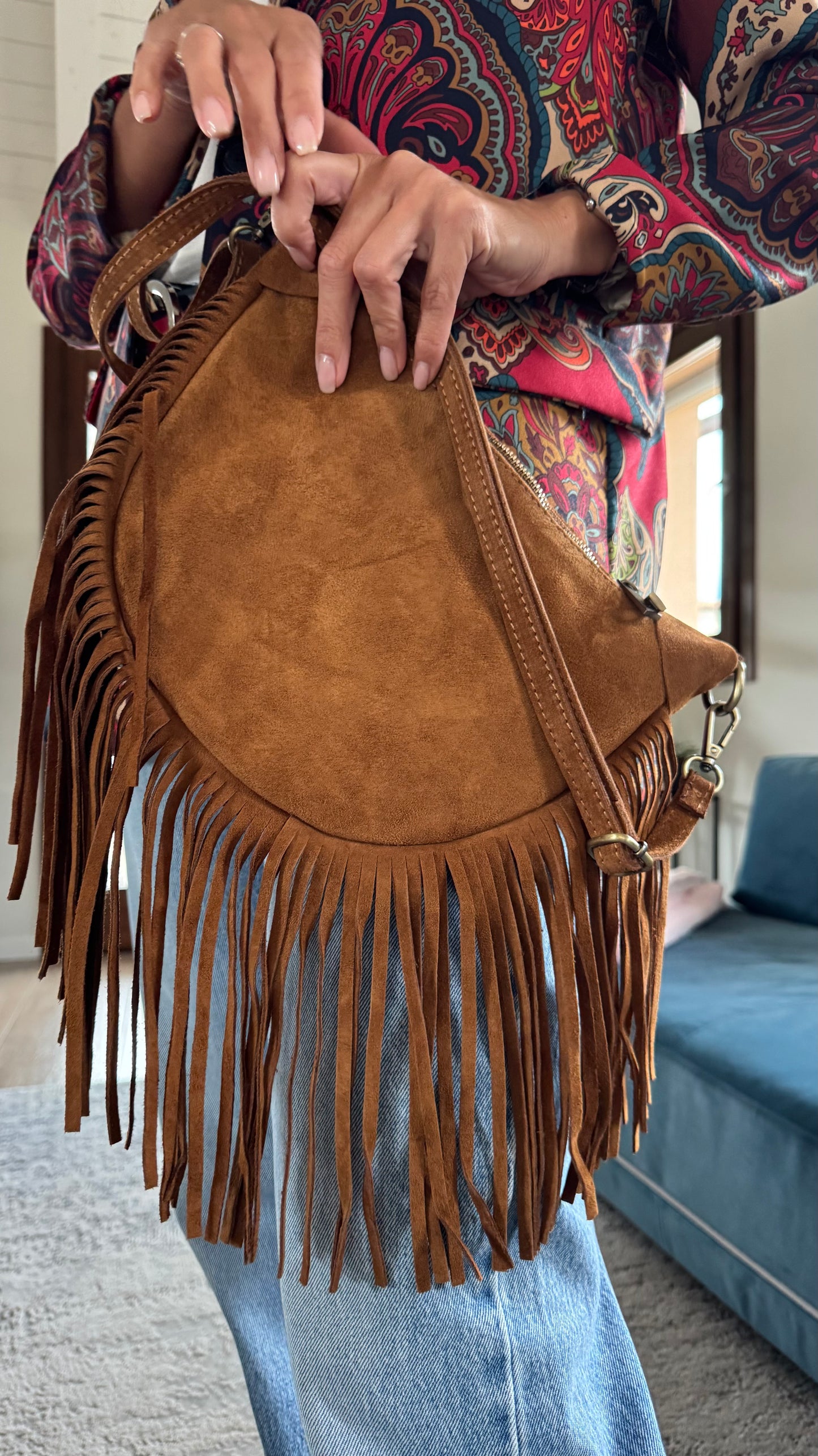 BORSA TIAGO frange suede nero/bordeaux/cuoio