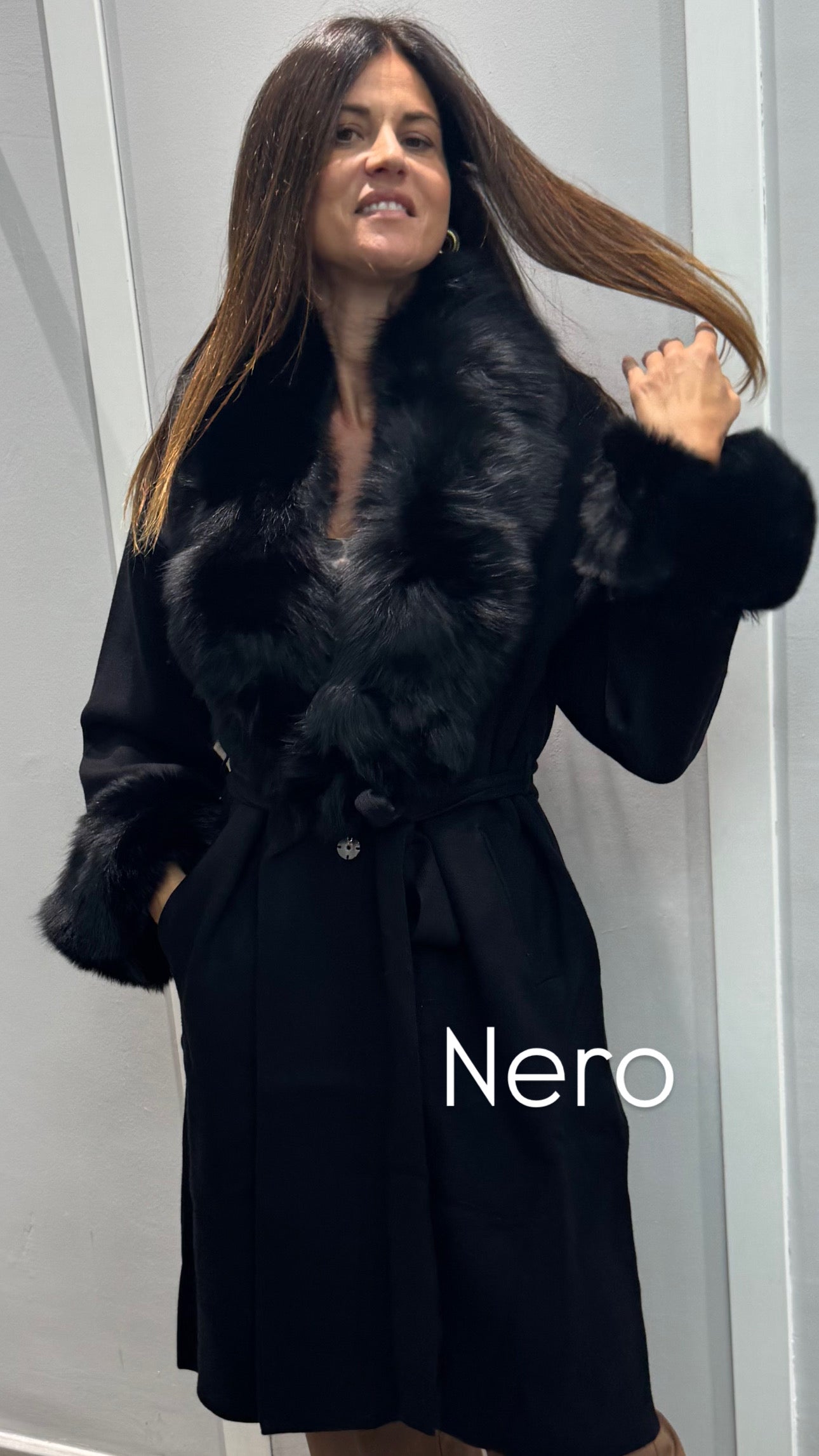 CAPPOTTO IN MAGLIA CON ECOPELLICCIA nero/grigio/testa di moro/beige