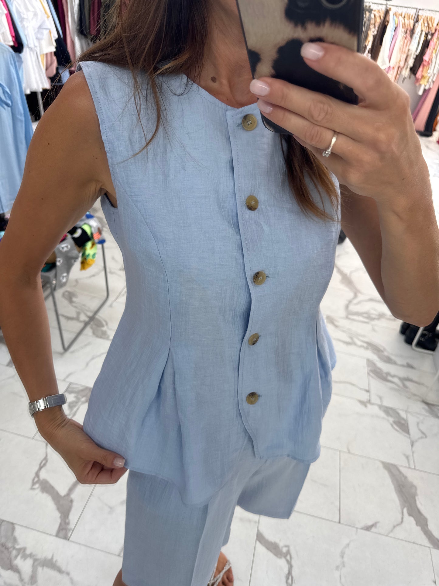 MARYLEY COMPLETO AZZURRO LINO BERMUDA GILET BALZA