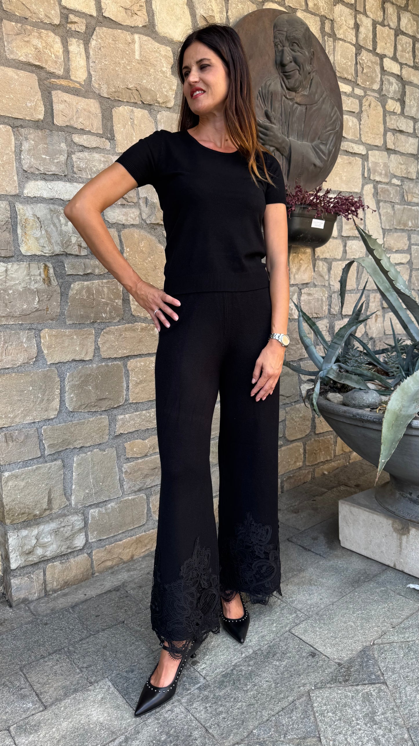 COMPLETO IN MAGLIA CON PIZZO bianco/nero/marrone/grigio