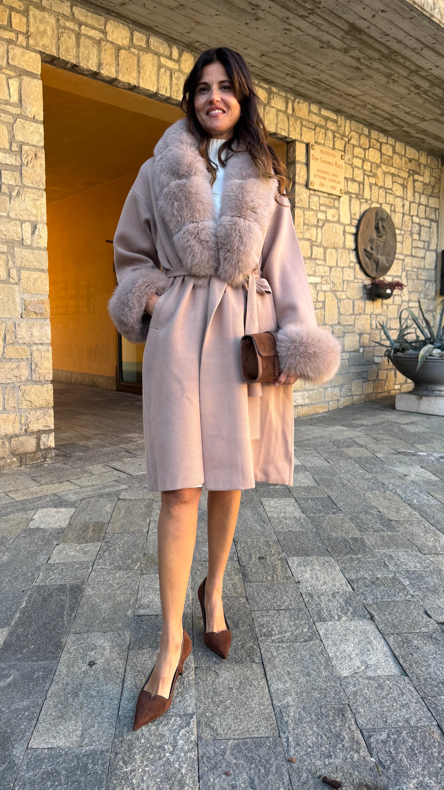 CAPPOTTO IN MAGLIA CON ECOPELLICCIA nero/grigio/testa di moro/beige