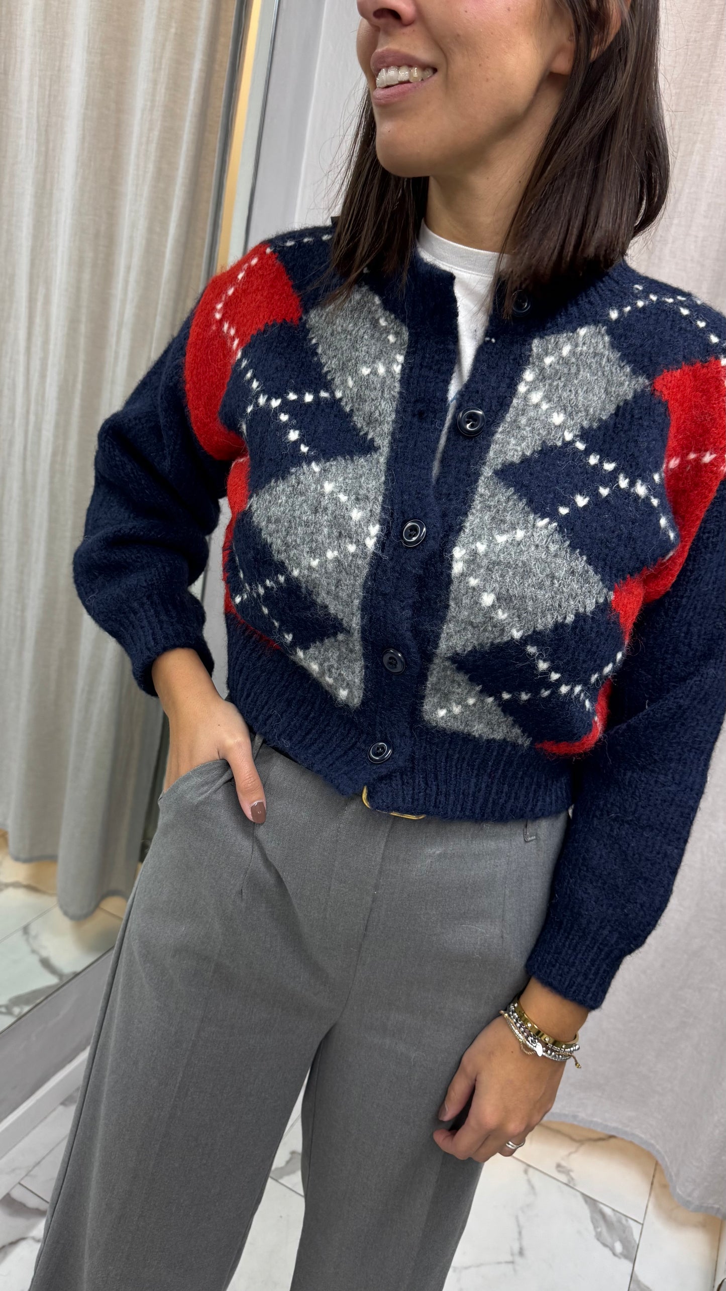 CARDIGAN CORTO LOSANGHE blu/marrone