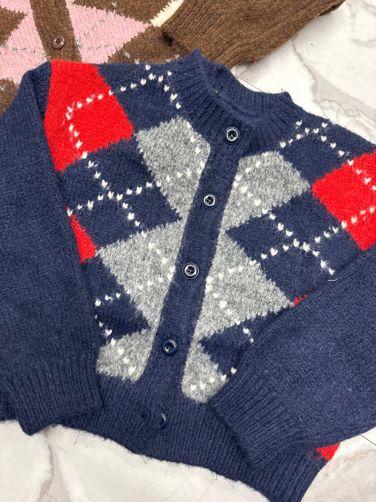 CARDIGAN CORTO LOSANGHE blu/marrone