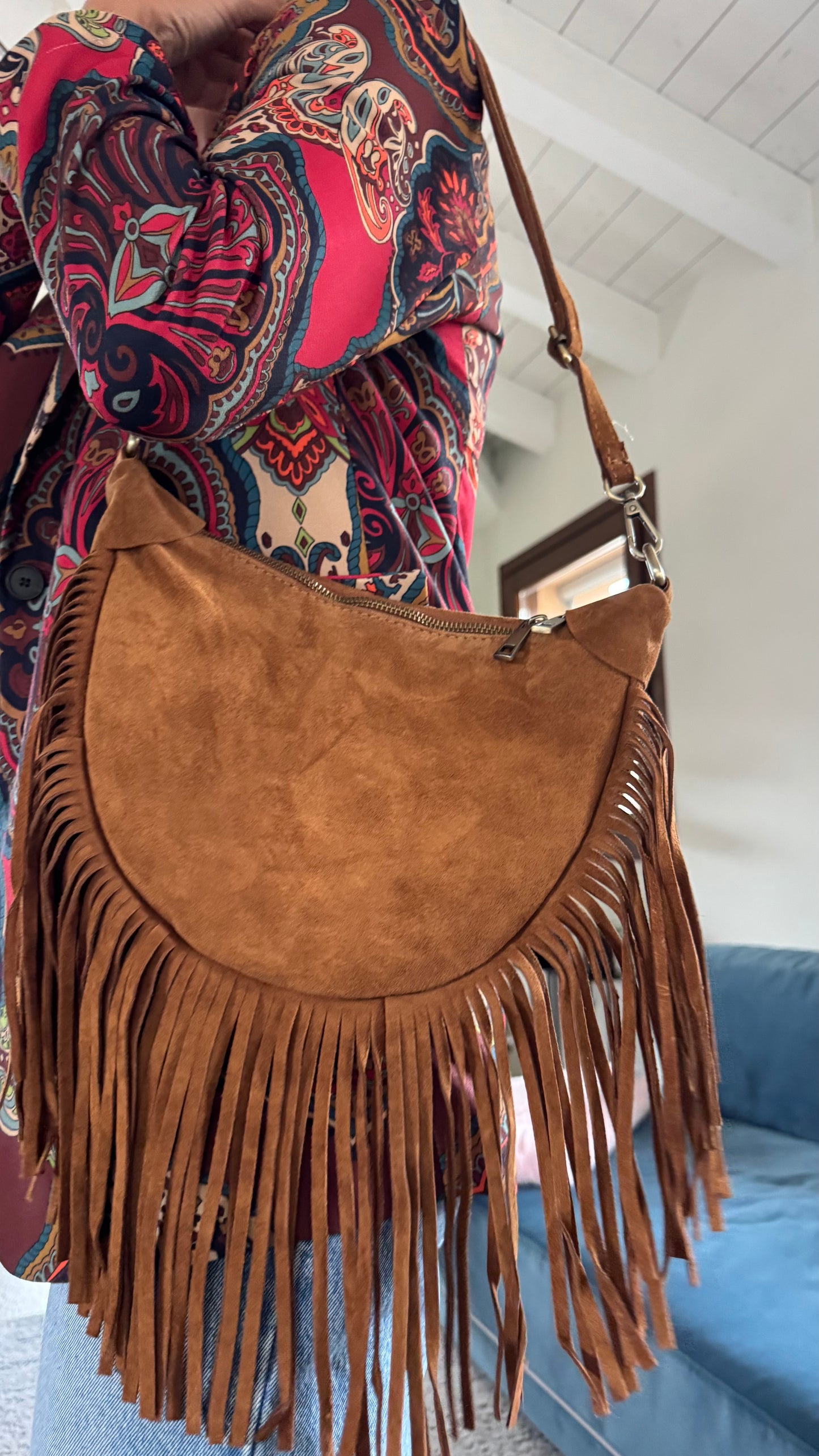 BORSA TIAGO frange suede nero/bordeaux/cuoio
