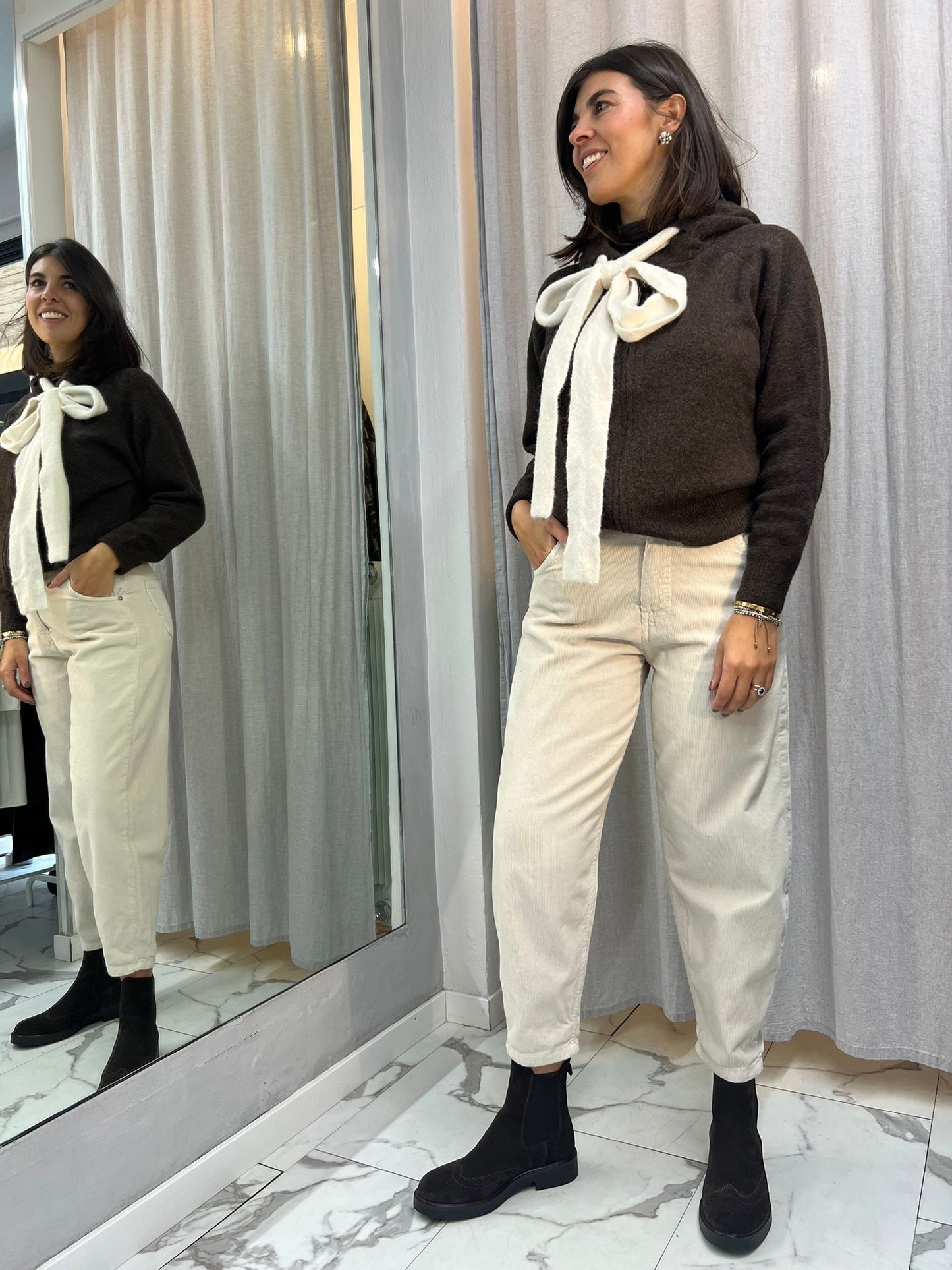 MAGLIONCINO ZIP CAPPUCCIO FIOCCO cioccolato/sabbia