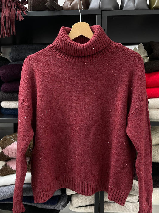 MAGLIA OVER COLLO ALTO MICROPAILLETES BORDEAUX