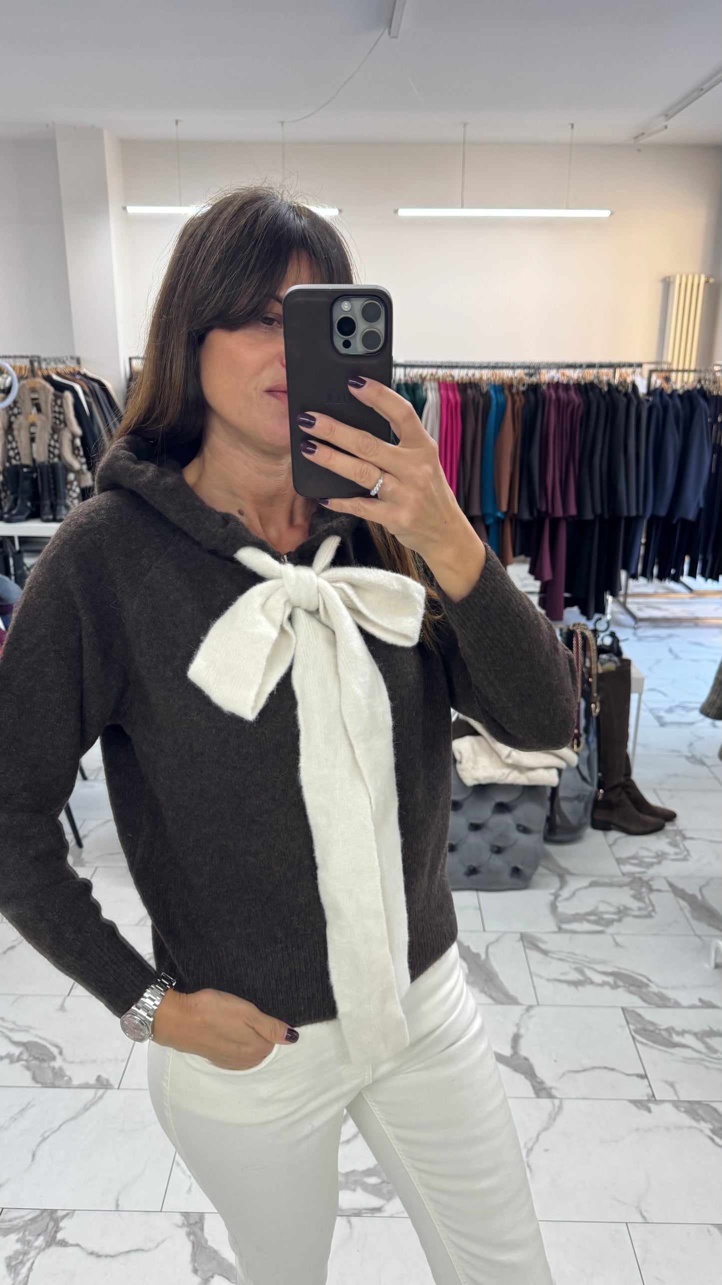 MAGLIONCINO ZIP CAPPUCCIO FIOCCO cioccolato/sabbia