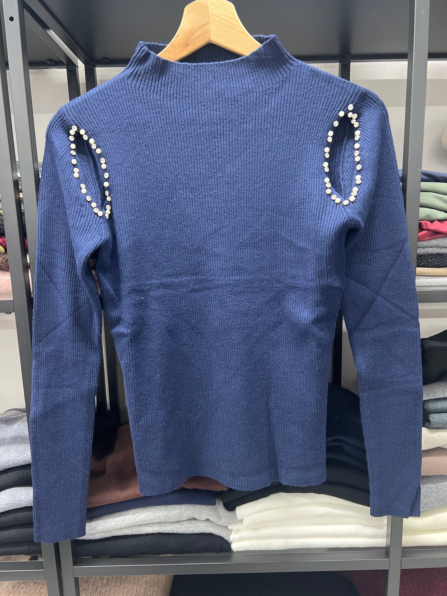 MAGLIA CUT OUT STRASS PERLE BLU