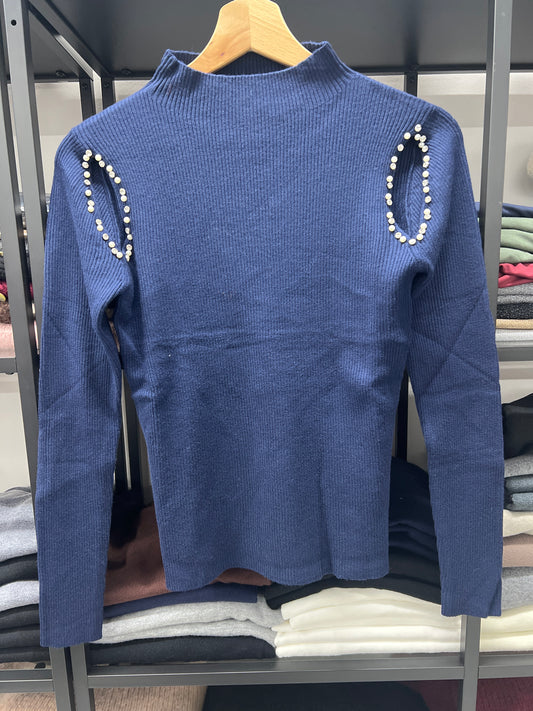 MAGLIA CUT OUT STRASS PERLE BLU