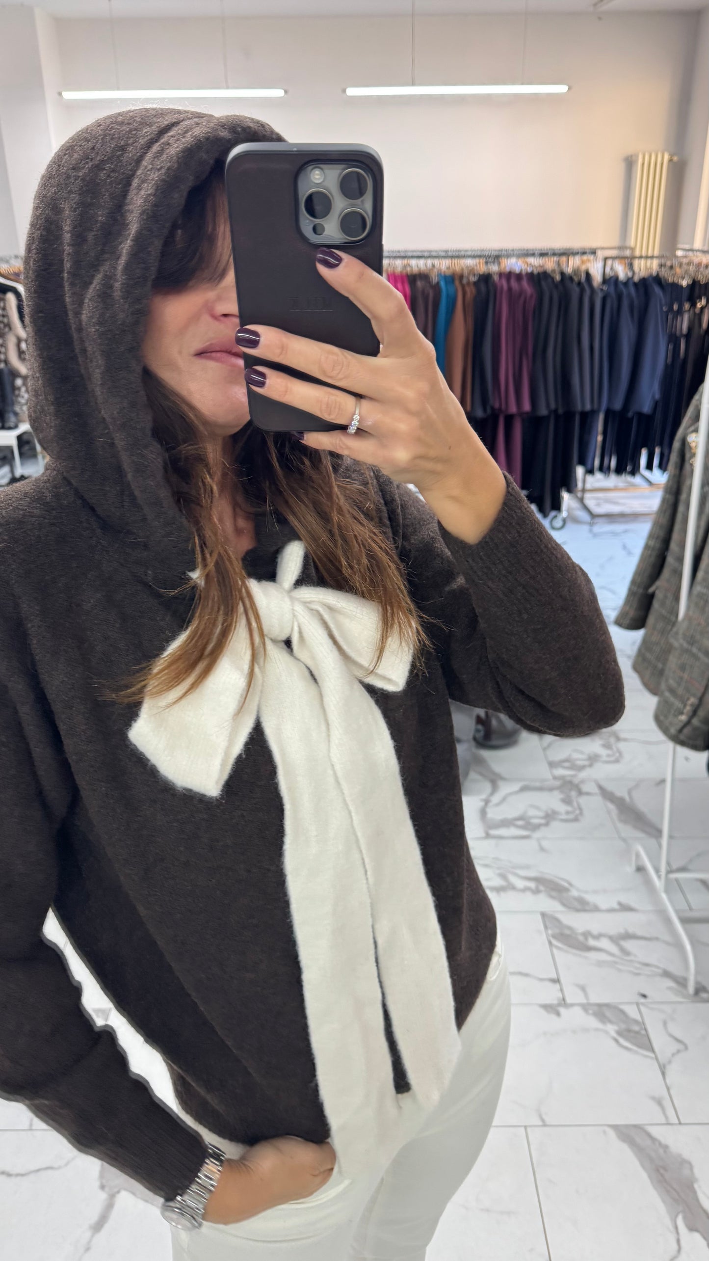 MAGLIONCINO ZIP CAPPUCCIO FIOCCO cioccolato/sabbia