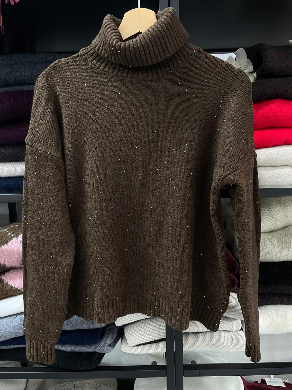 MAGLIA OVER COLLO ALTO MICROPAILLETES MORO