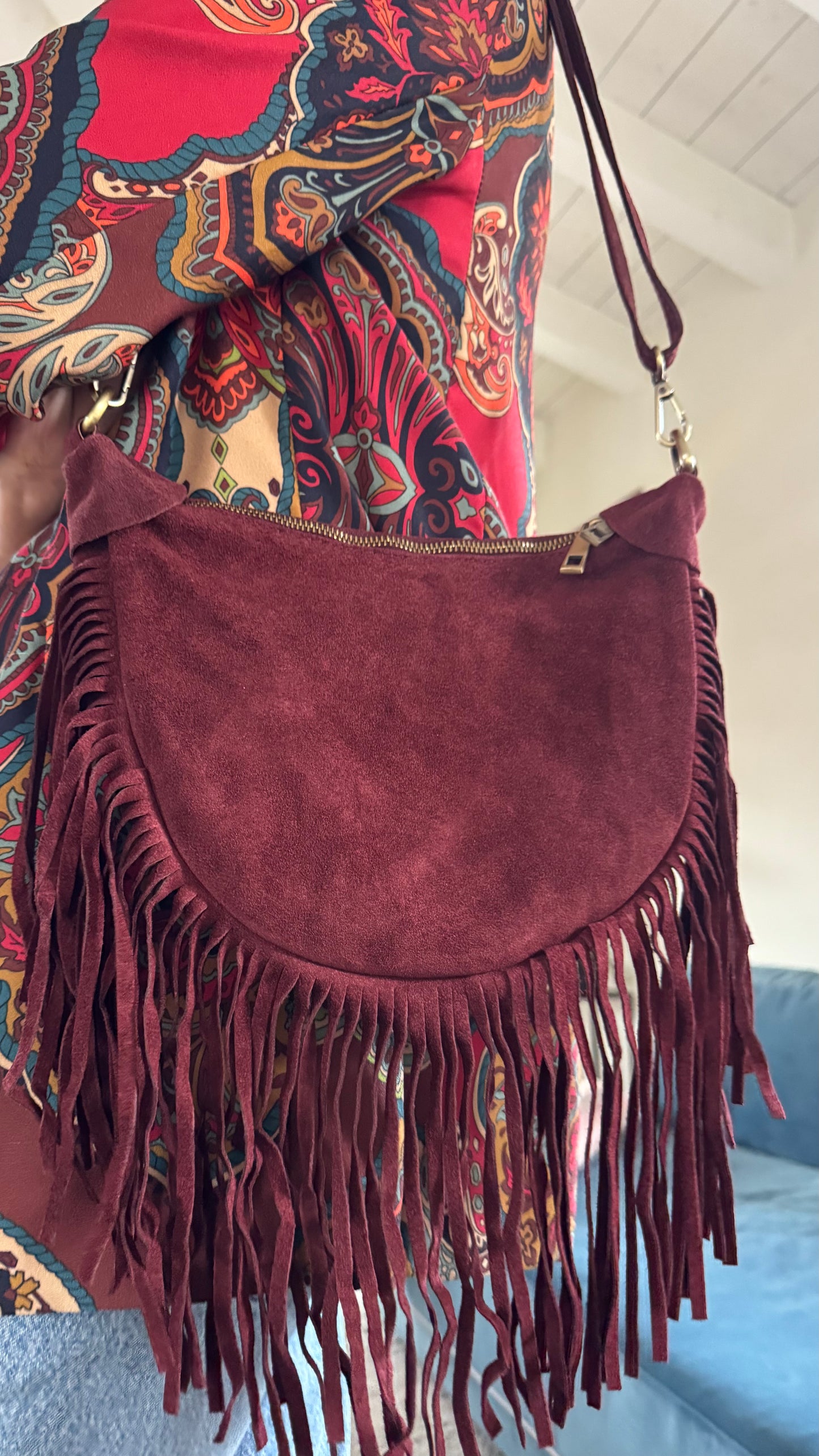 BORSA TIAGO frange suede nero/bordeaux/cuoio
